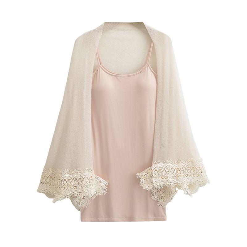 Set: Spaghetti Strap Plain Padded Mini Sheath Dress + Lace Panel Knit Shawl Product Image