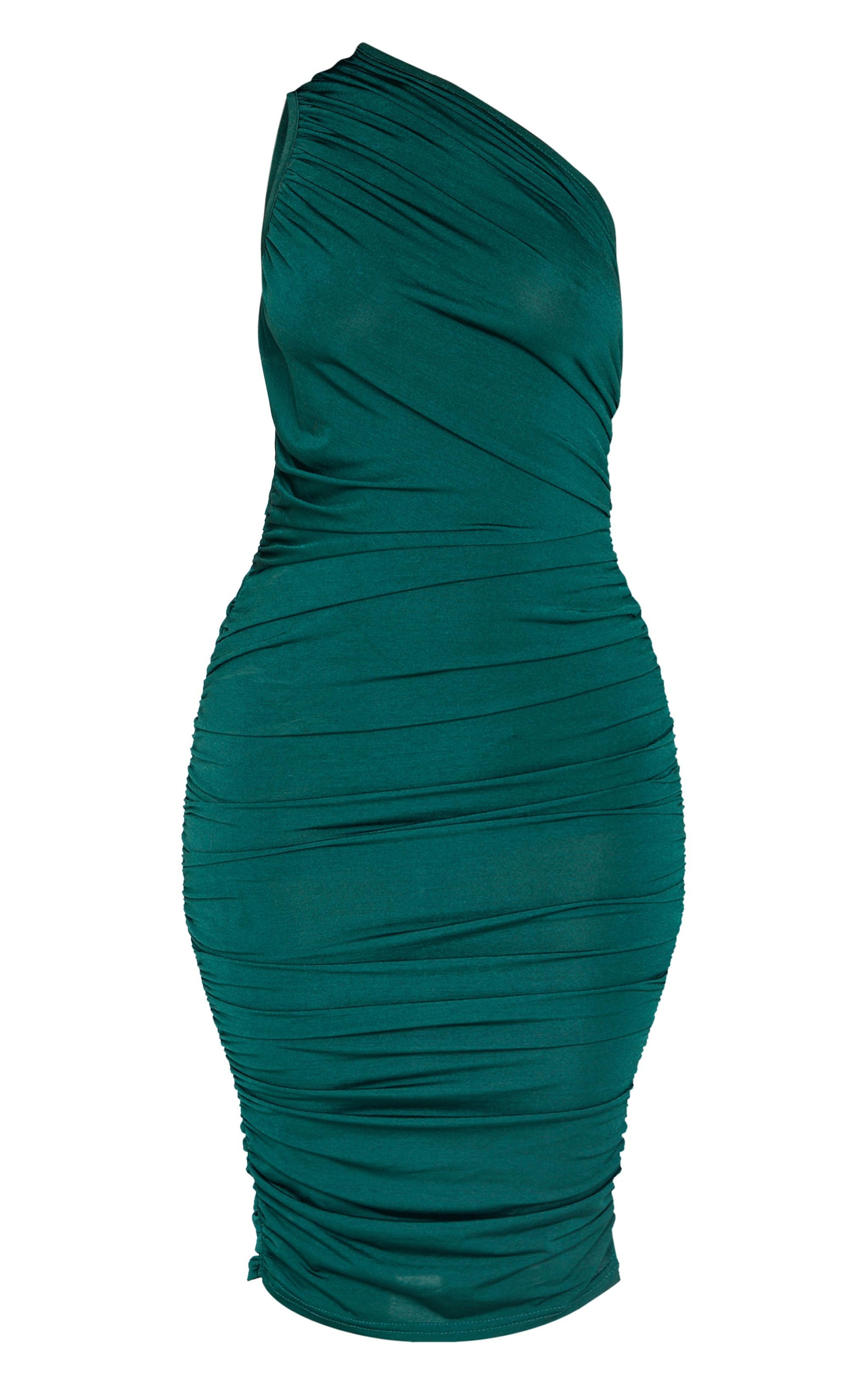 Petite Emerald Green Slinky Ruched One Shoulder Longline Midi Dress Product Image