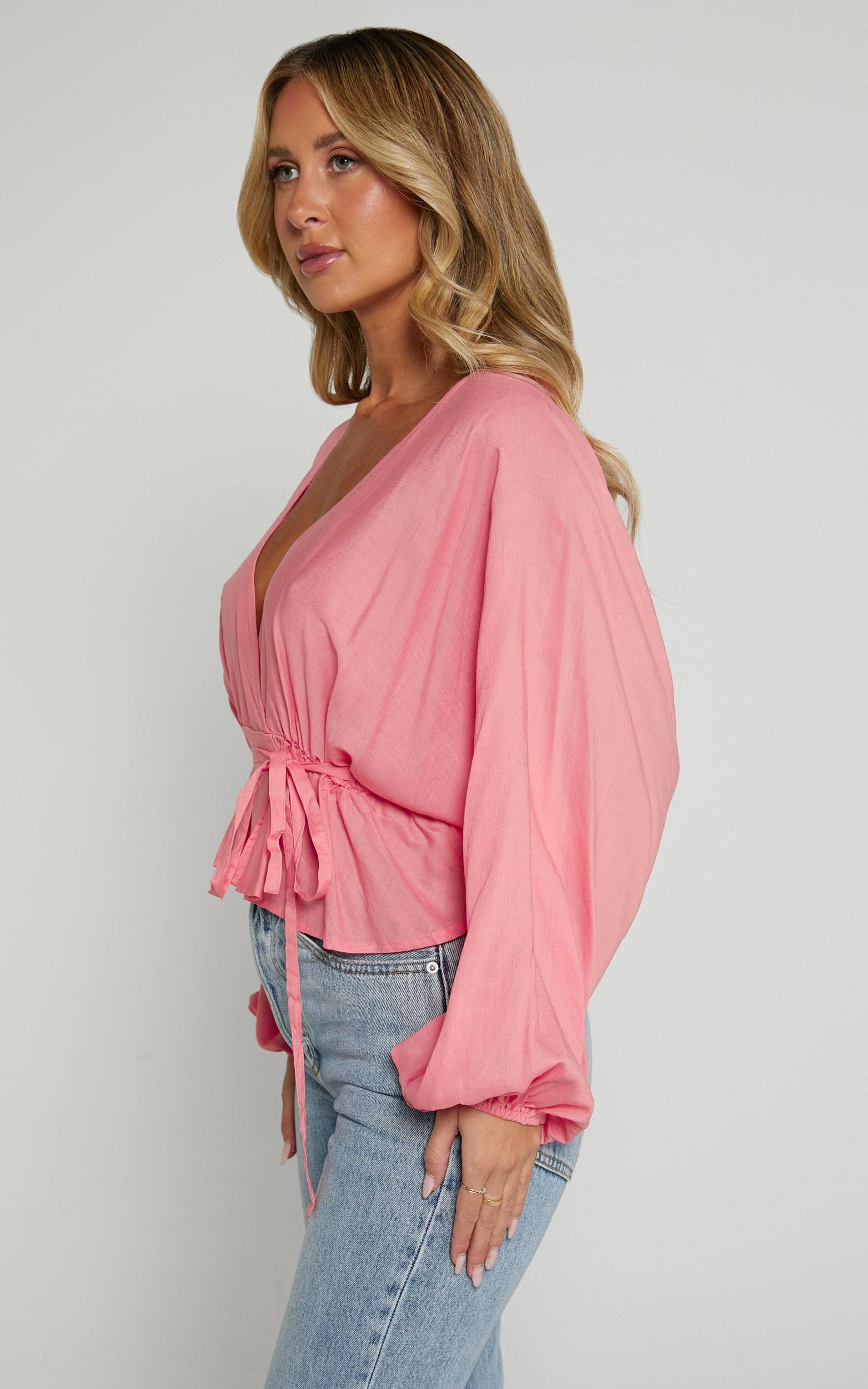 Selena Top - Linen Look V Neck Wrap Long Blouson Sleeve in Peach Product Image