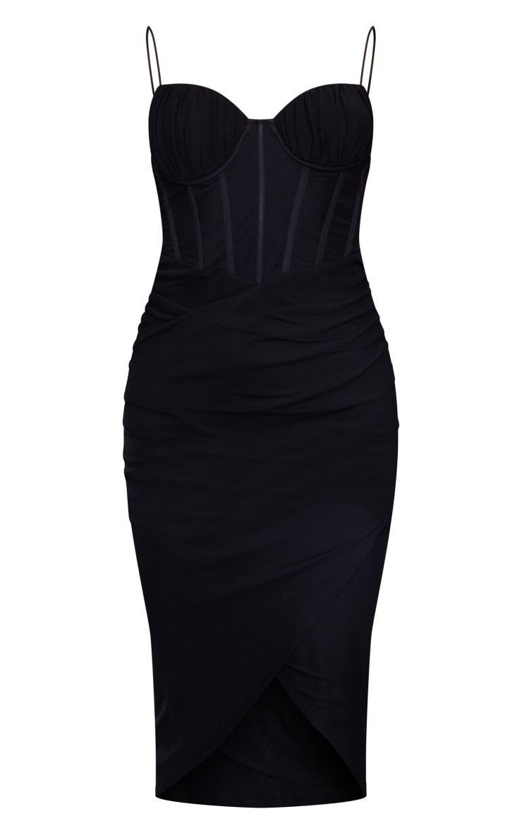 Black Mesh Ruched Cups Corset Strappy Midi Dress Product Image