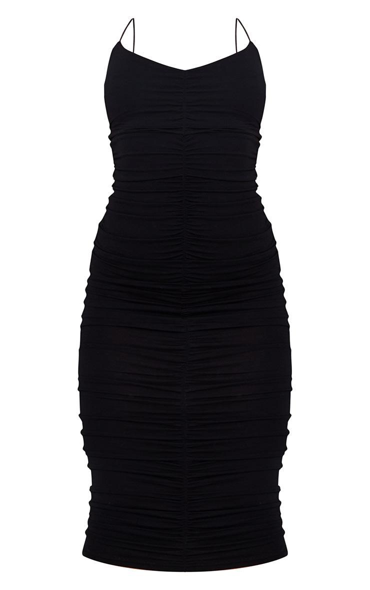 Black Extreme Ruched Spaghetti Midi Dress Product Image