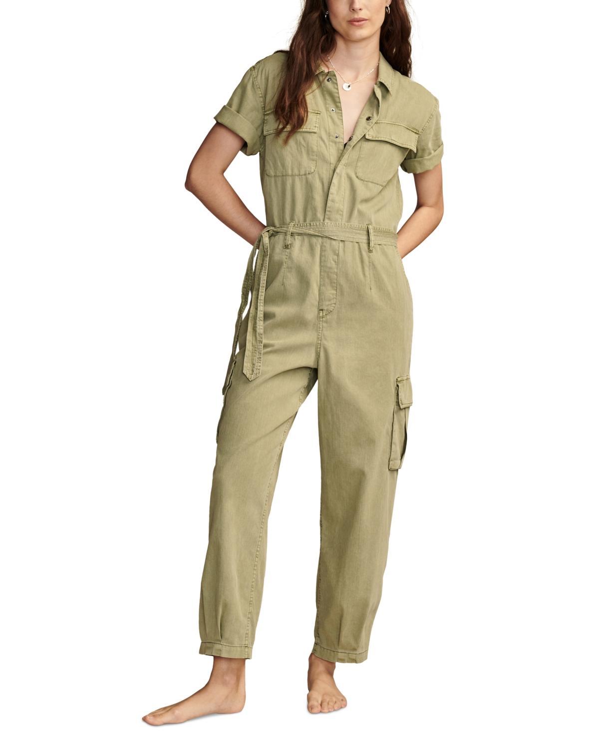 Women's Belted Short-Sleeve Denim Jumpsuit Product Image