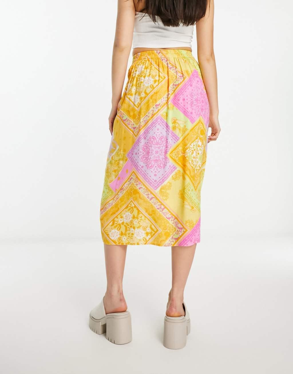 Miss Selfridge ruched front midi skirt in patchwork scarf print  Product Image