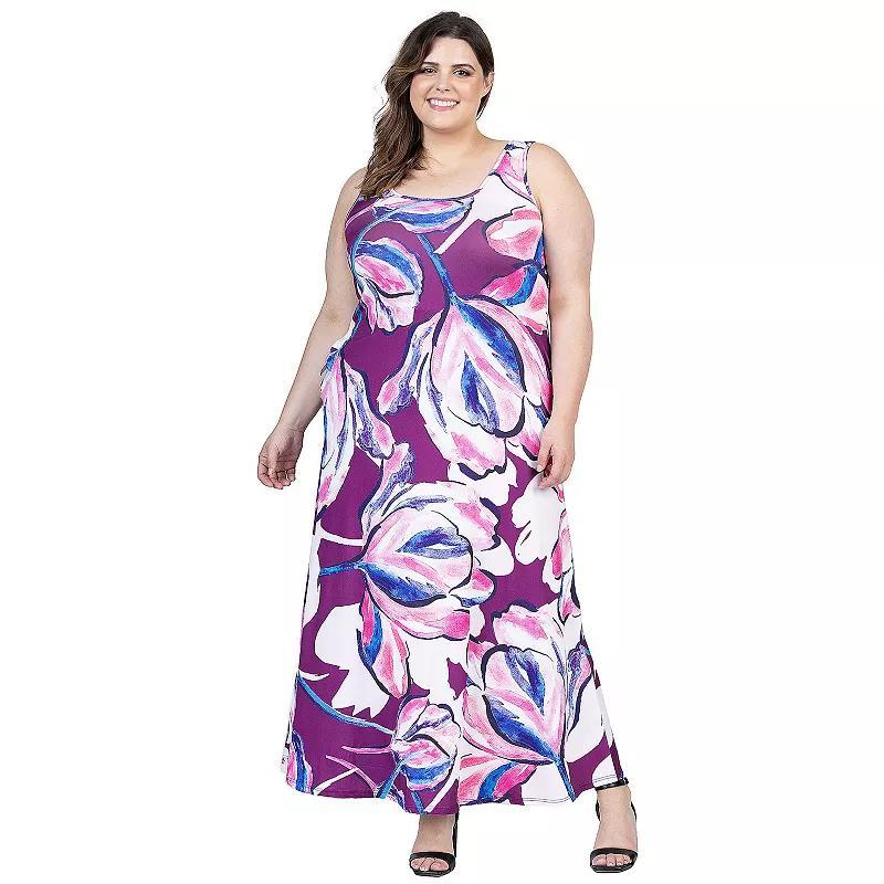 Plus Size 24Seven Comfort Apparel Floral Print Sleeveless Maxi Dress With Pockets, Womens Product Image