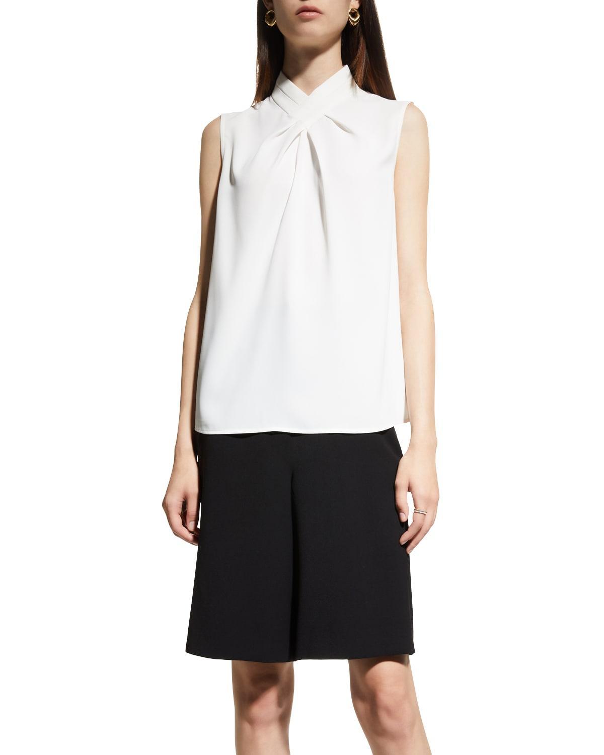 Pleated Crossover Collar Crepe de Chine Blouse Product Image