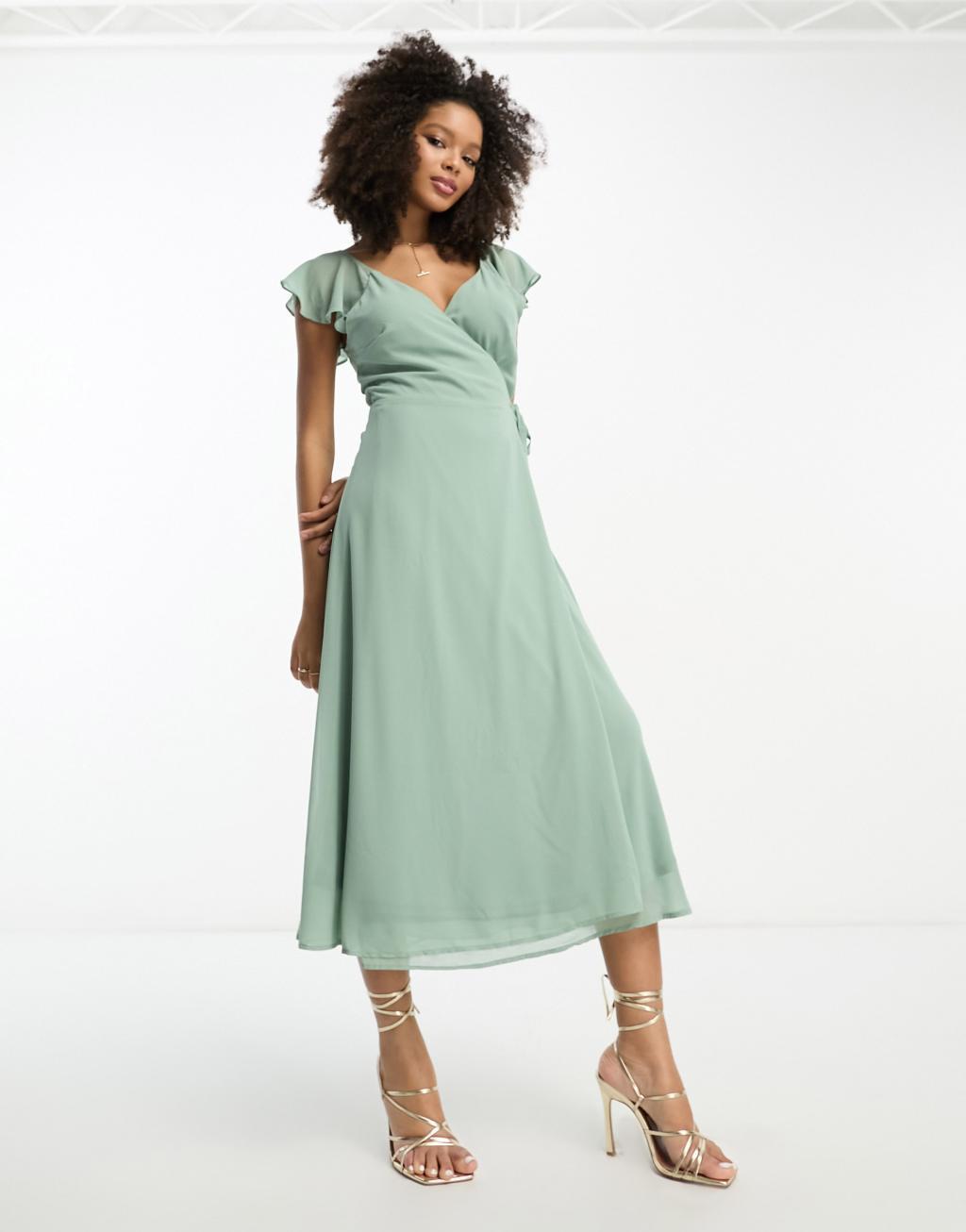 Vila Bridesmaid wrap full skirt maxi dress with flutter sleeves in green Product Image