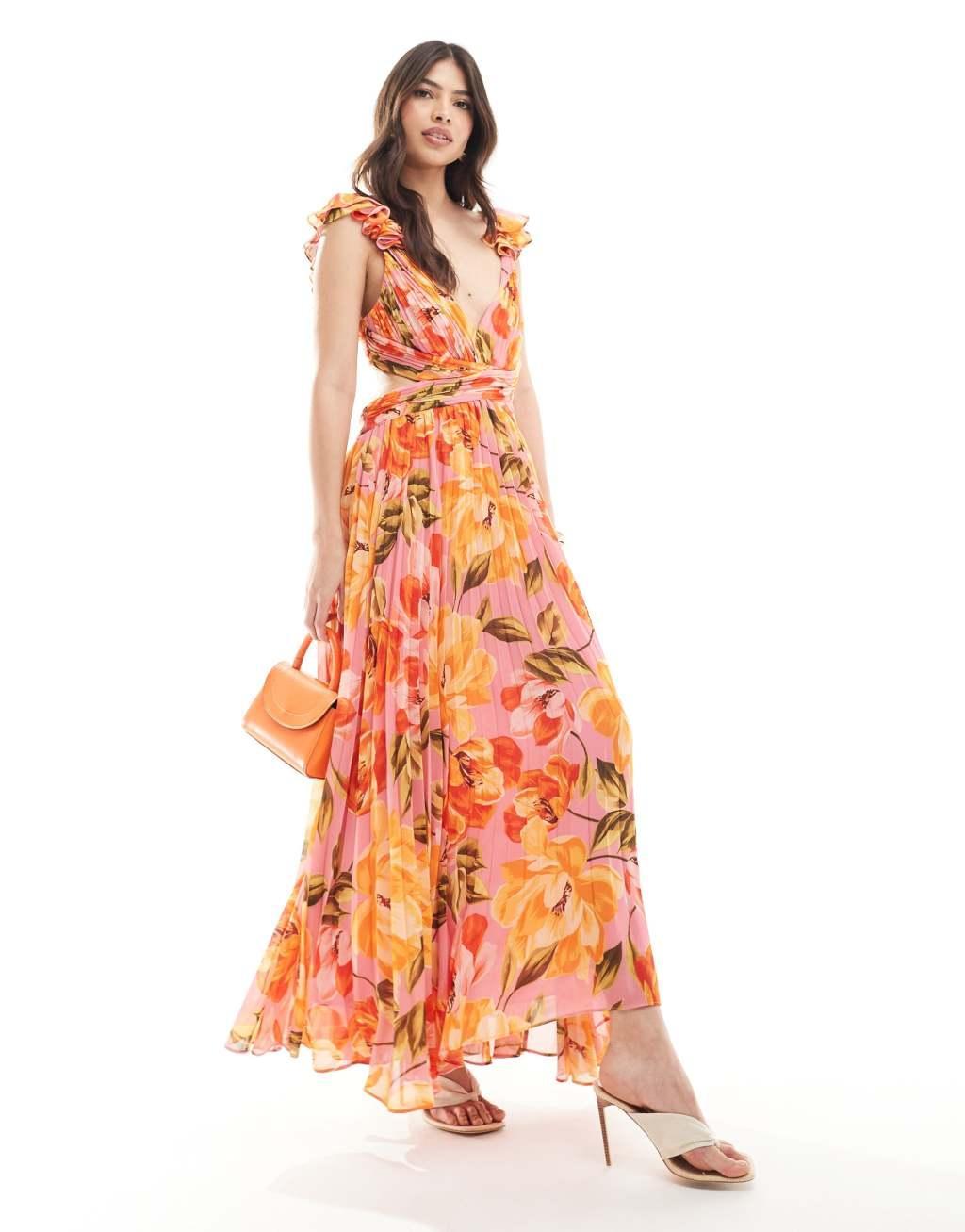 Ever New cut-out plisse maxi dress in orange and pink floral Product Image