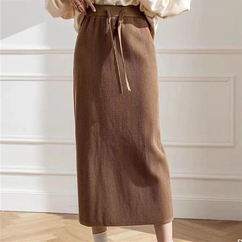 Drawstring Waist Plain Ribbed Midi Pencil Knit Skirt Product Image