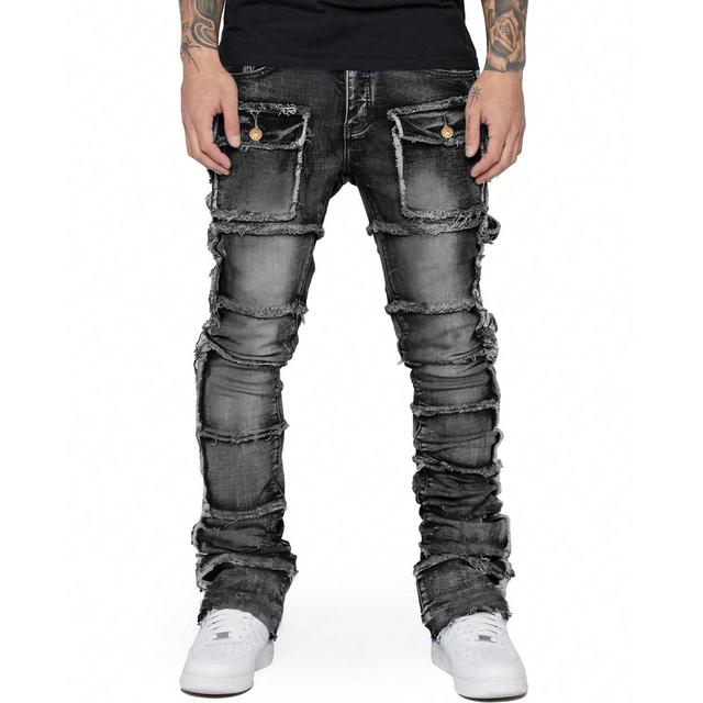 Hiphop Fashion Stretch Patch Cargo Straight Jeans Product Image