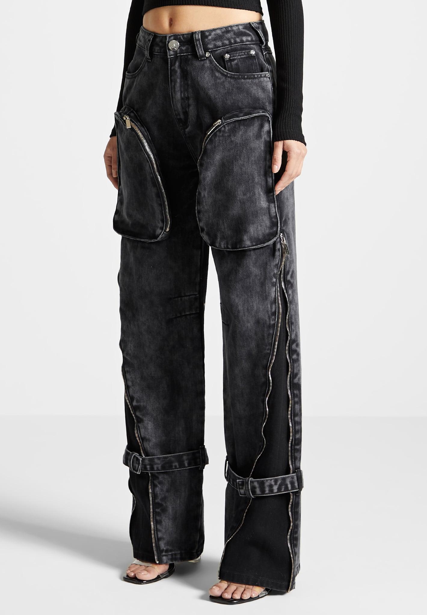 Zip Detail Denim Cargo Pants - Washed Black Female Product Image