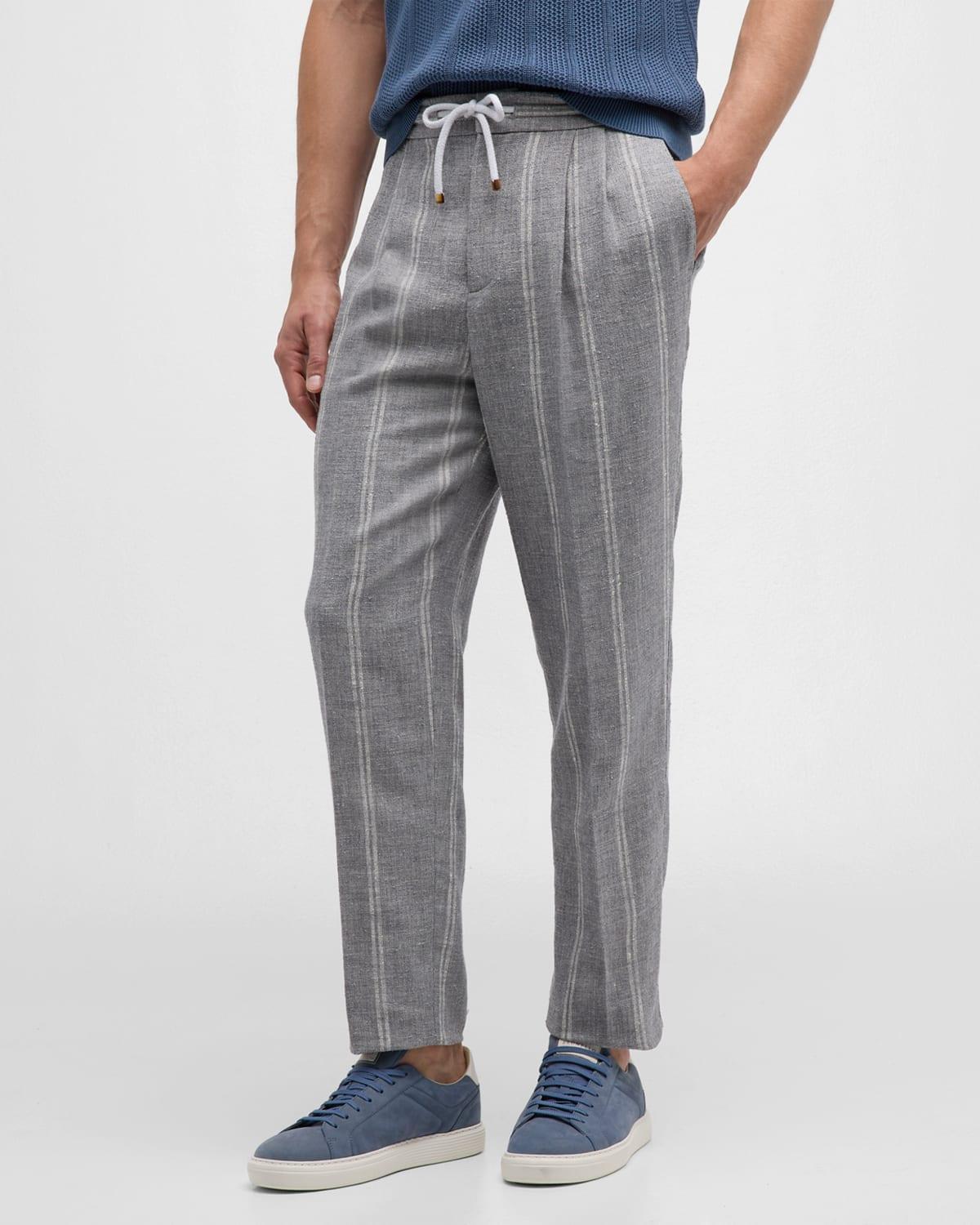 Men's Stripe Linen-Blend Drawstring Pants Product Image