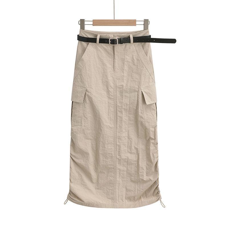 High Rise Plain Pocket Detail Drawstring Midi H-Line Skirt Product Image