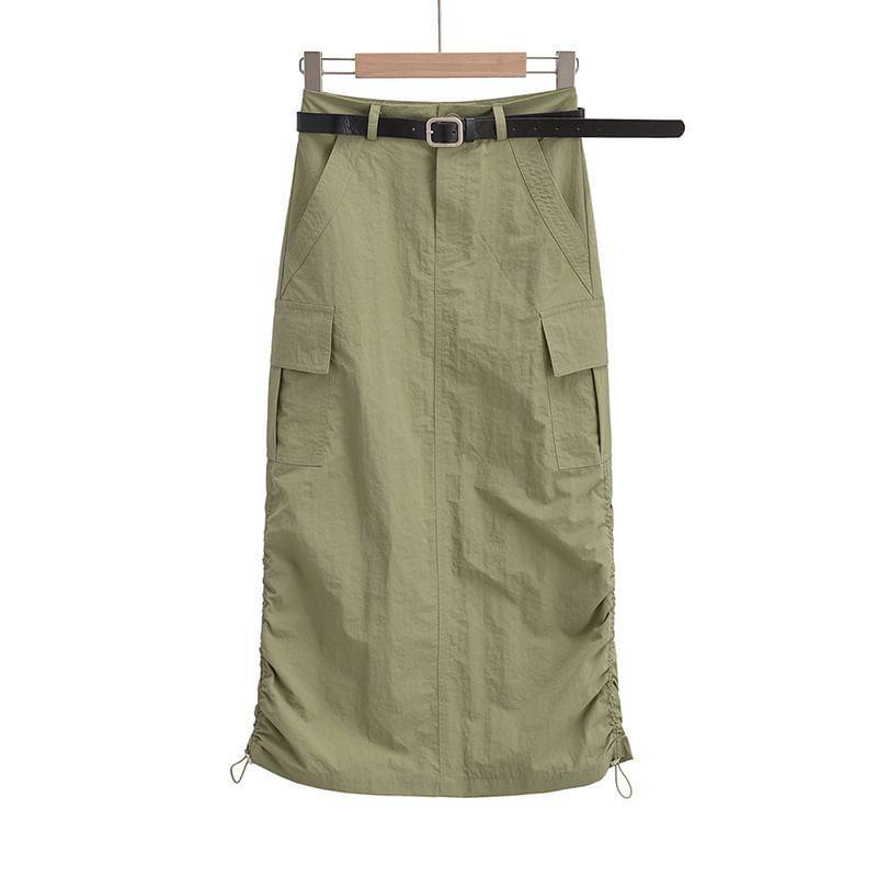 High Rise Plain Pocket Detail Drawstring Midi H-Line Skirt Product Image