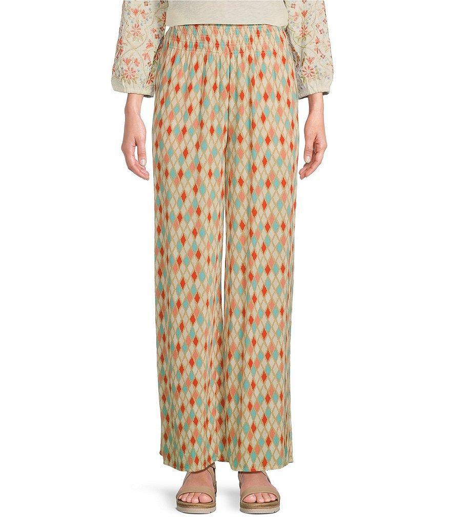 Multiples Woven Ikat Print Pull-On Wide-Leg Crepon Pants Product Image