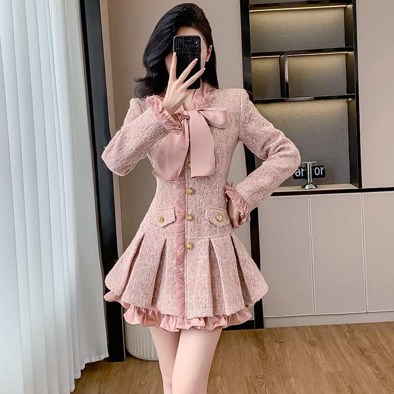 Mock Two-Piece Long-Sleeve Tie-Neck Pleated Mini Blazer Dress Product Image