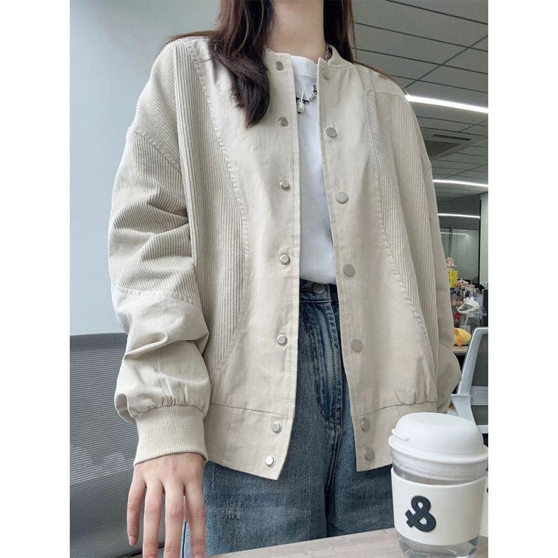 Plain Corduroy Button Bomber Jacket Product Image