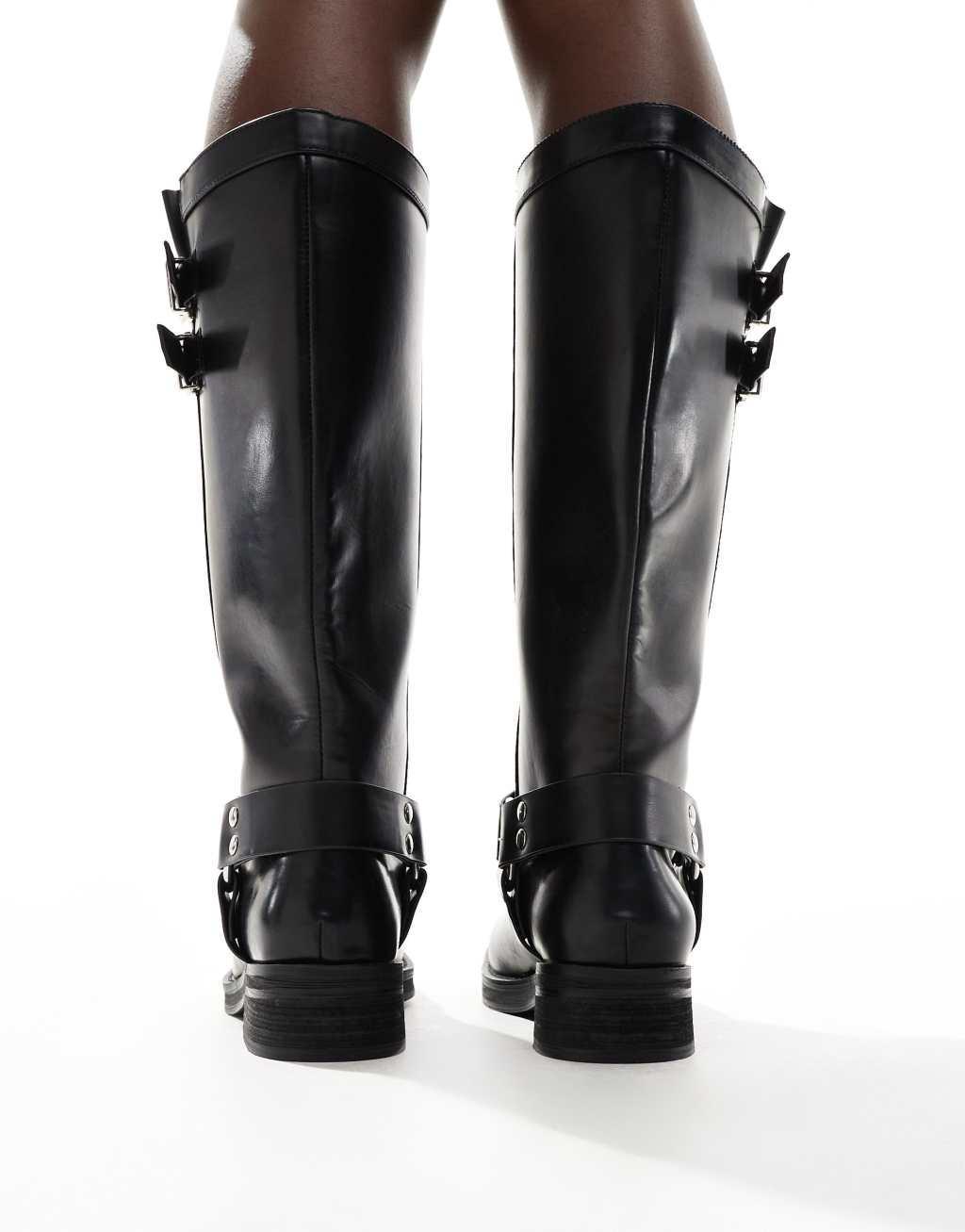 Public Desire Sirus Wide Fit flat harness knee boots in black Product Image