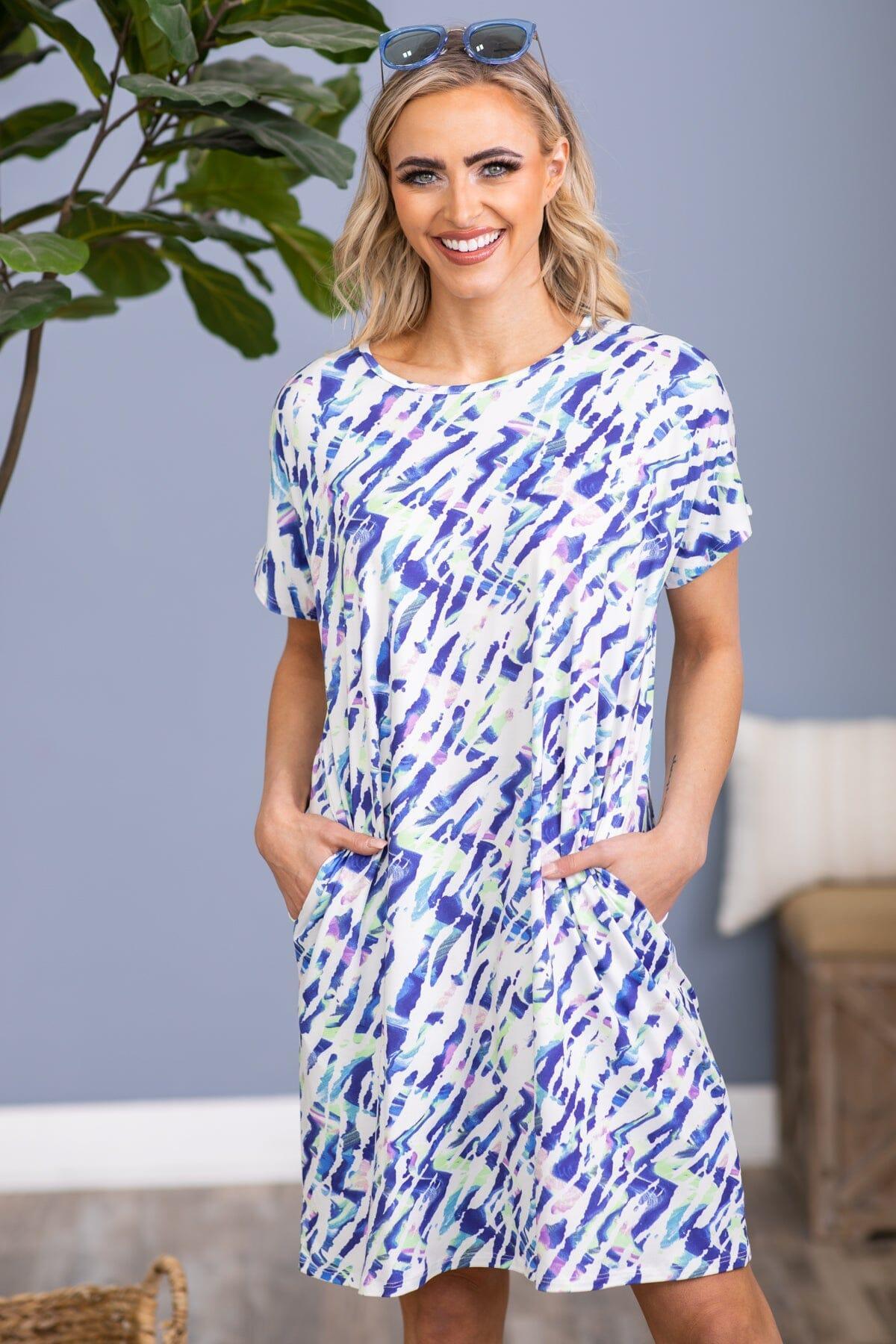 Blue Abstract Print Short Sleeve Dress Product Image