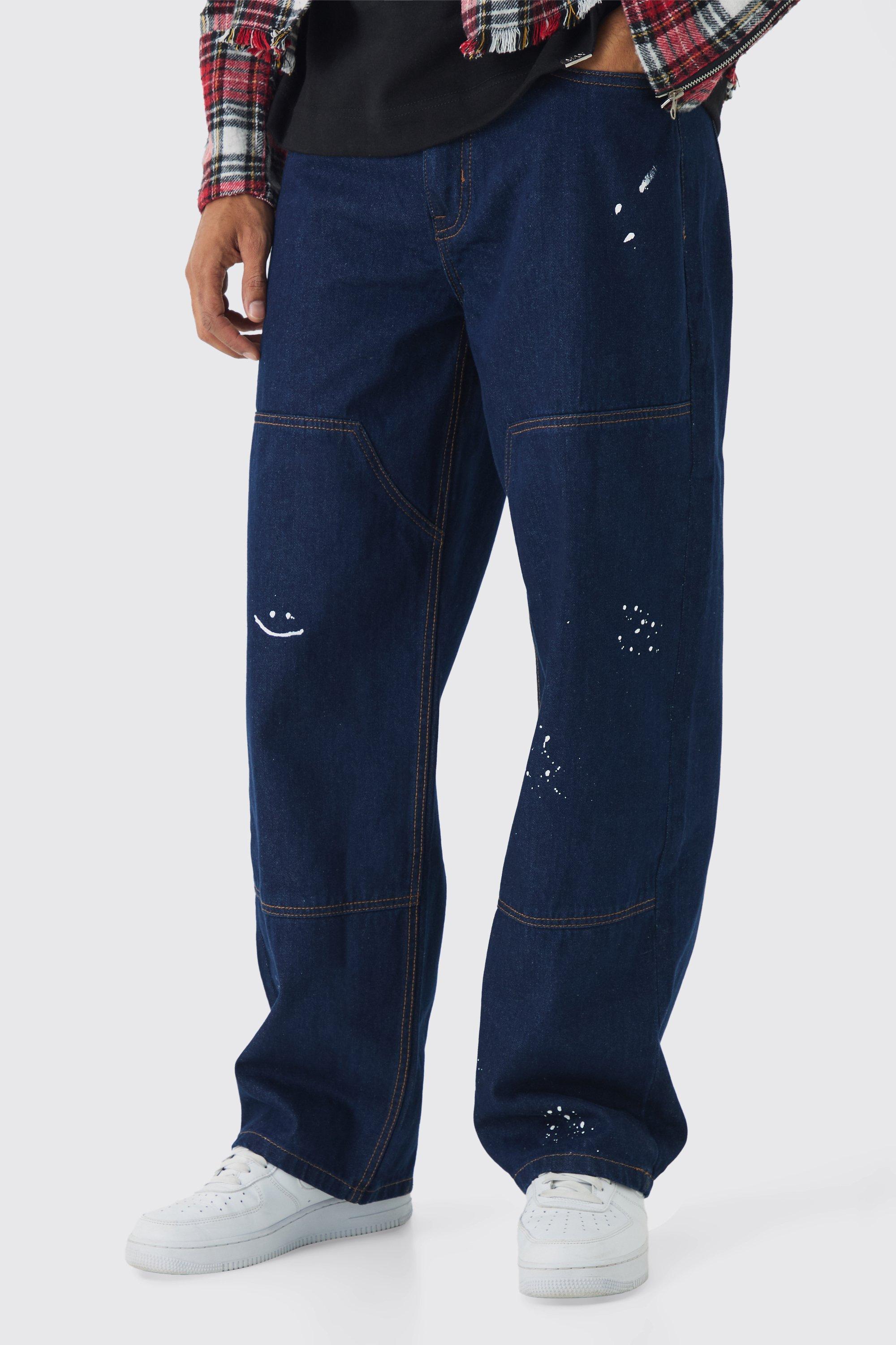 Relaxed Rigid Carpenter Paint Splatter Denim Jeans | boohooMAN USA Product Image