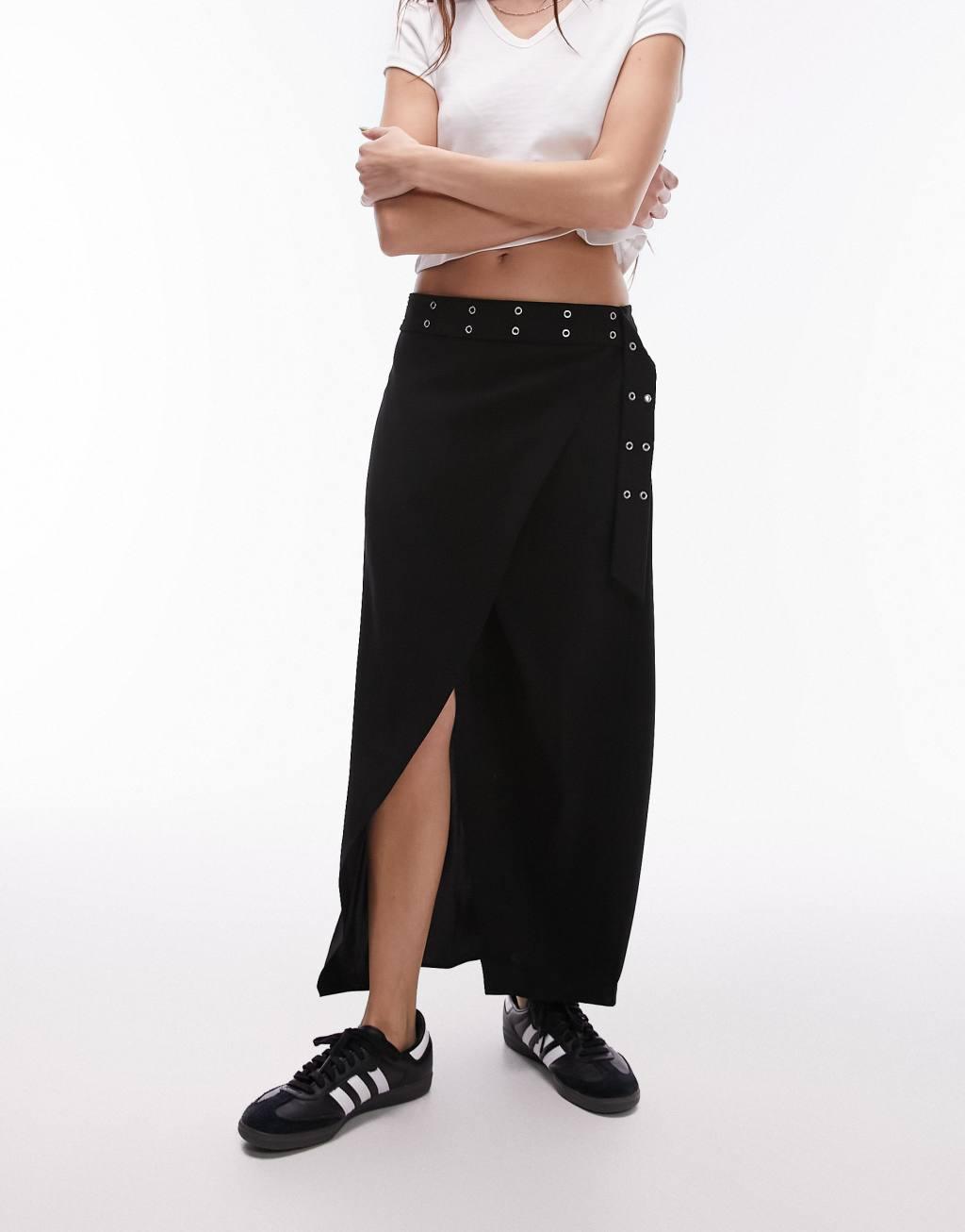 Topshop eyelet wrap low rise midi skirt in black Product Image