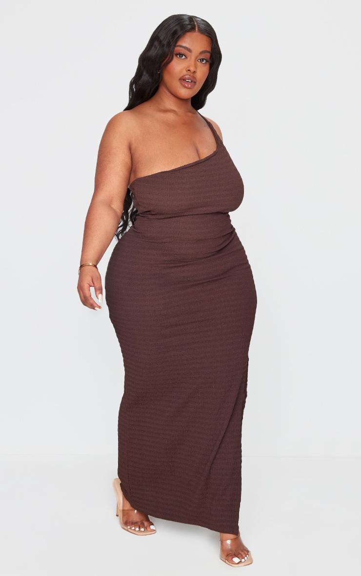 Plus Brown Crinkle One Shoulder Maxi Dress Product Image