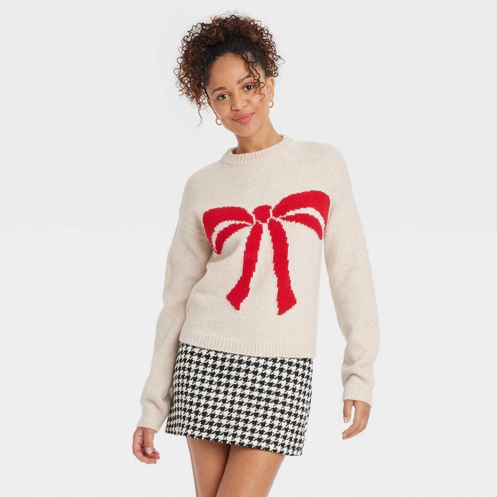 Women's Holiday Crewneck Pullover Sweater - A New Day™ Oatmeal Bow XL Product Image