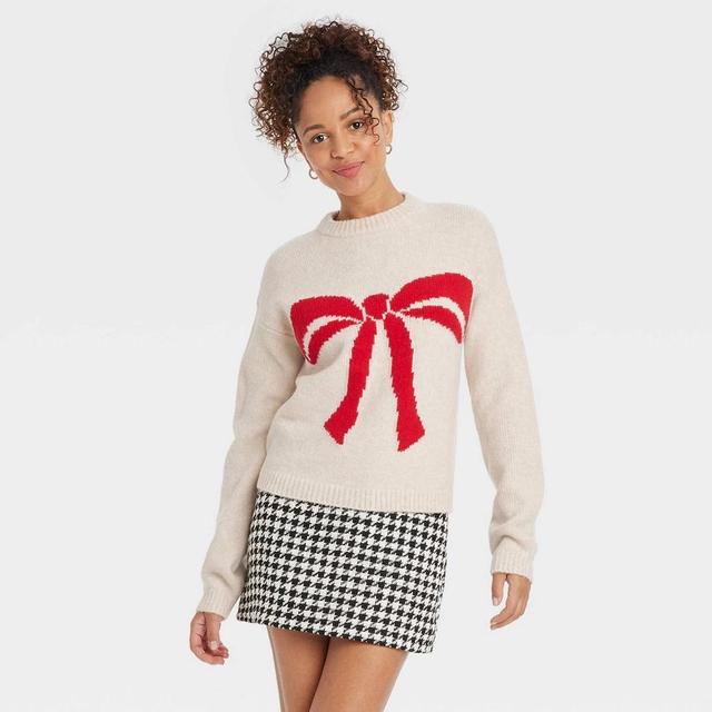 Women's Holiday Crewneck Pullover Sweater - A New Day™ Oatmeal Bow XS Product Image