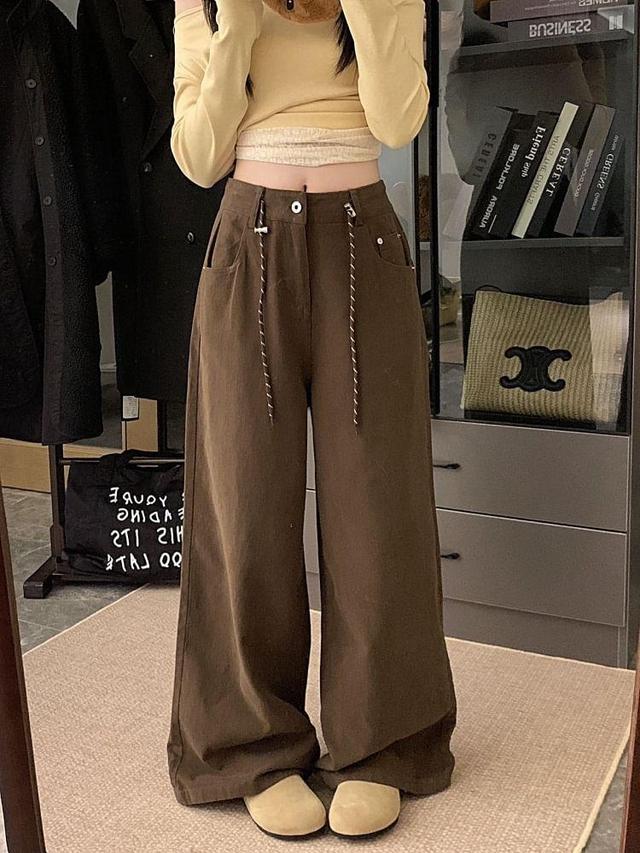 High Rise Plain Fleece-Lined Wide Leg Pants Product Image