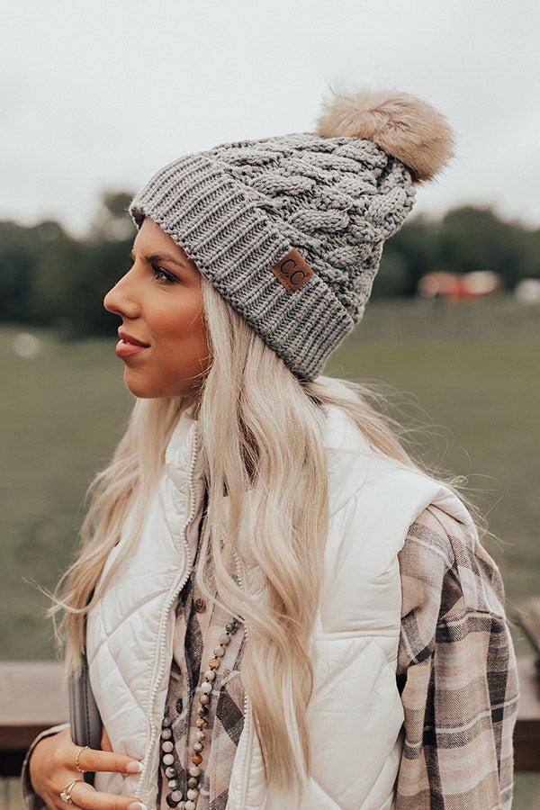 Fall Hike Faux Fur Pom Beanie in Dark Grey Product Image