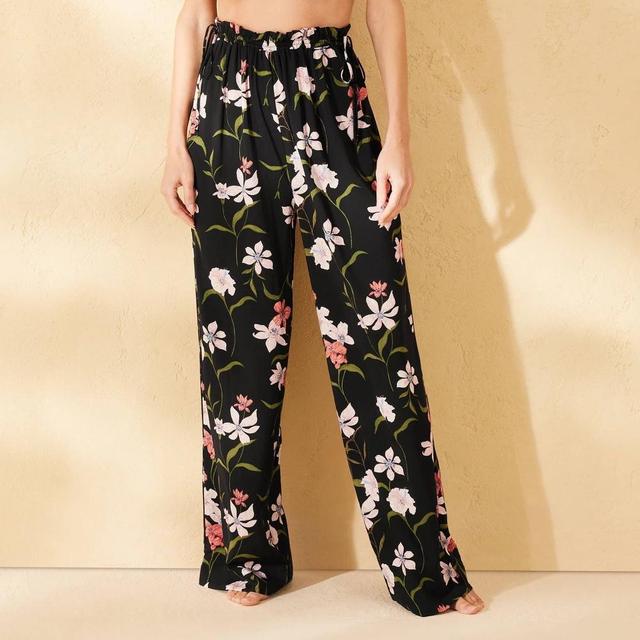 Womens Floral Print Ruffle Waist Cover Up Pants - Shade & Shore Black L Product Image