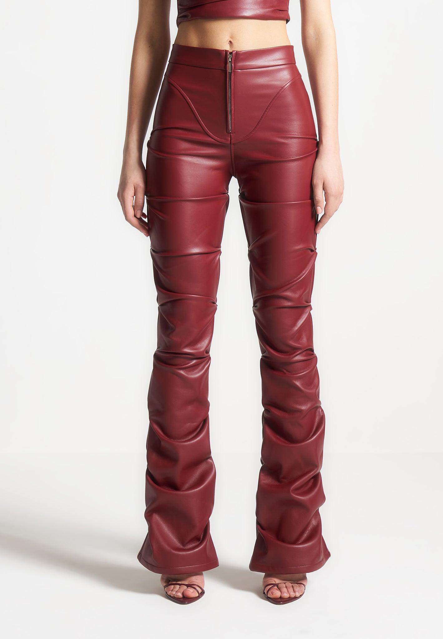 Tacked Vegan Leather Flared Trousers - Wine Red Female Product Image