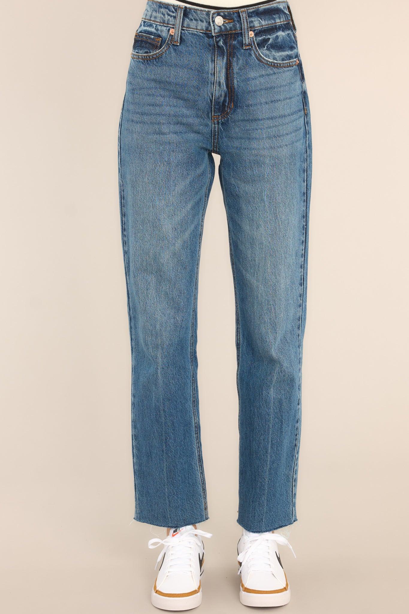 Medium Wash Raw Hem Straight Leg Jeans Blue Product Image