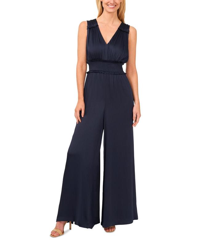 CeCe Womens V-Neck Smocked-Waist Sleeveless Plisse Jumpsuit Product Image