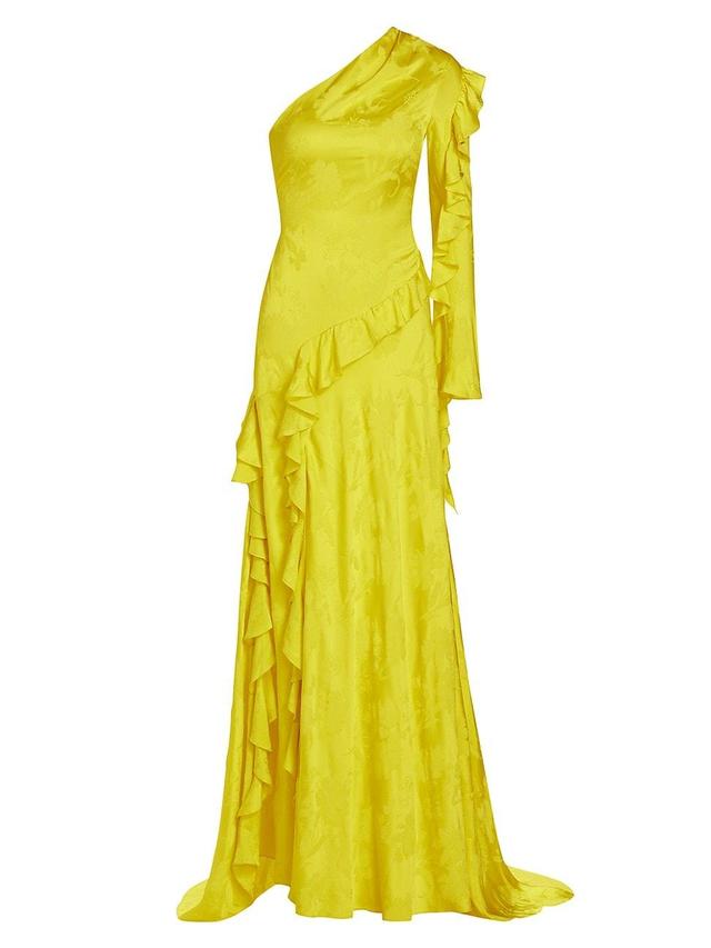 Womens Silk Jacquard Ruffled One-Shoulder Gown Product Image