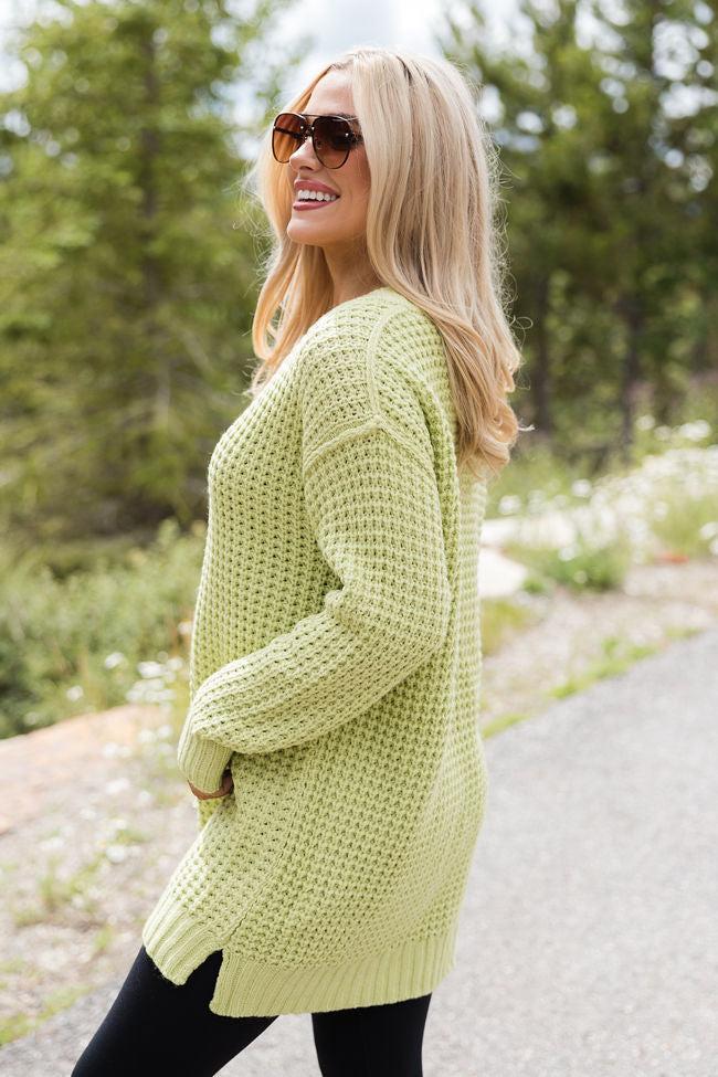 Just Keep Going Lime Henley Waffle Sweater Product Image