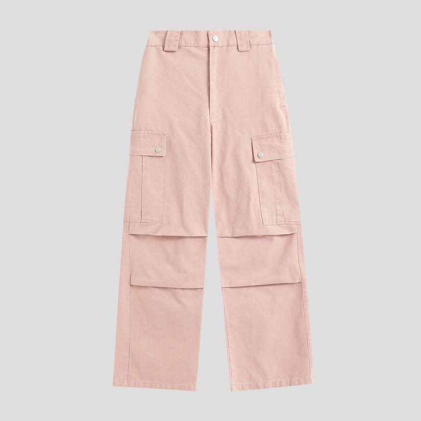 High Waist Plain Wide Leg Cargo Pants Product Image