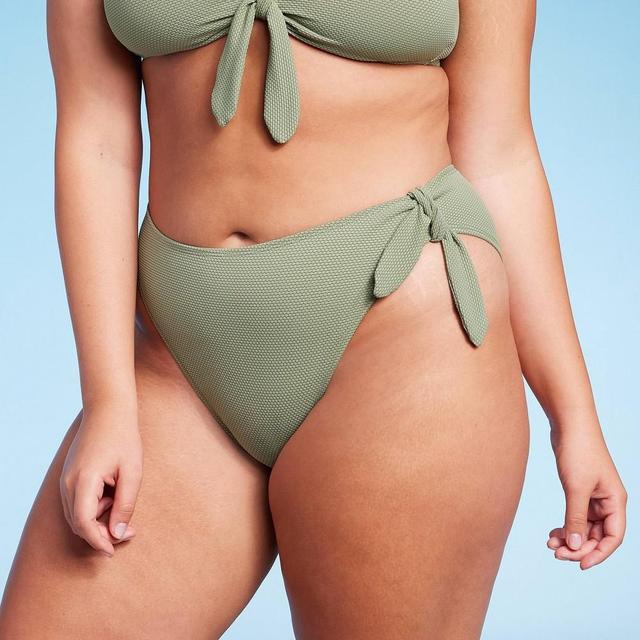 Womens Pique Textured High Leg Cheeky High Waist Bikini Bottom - Wild Fable Soft green L Product Image