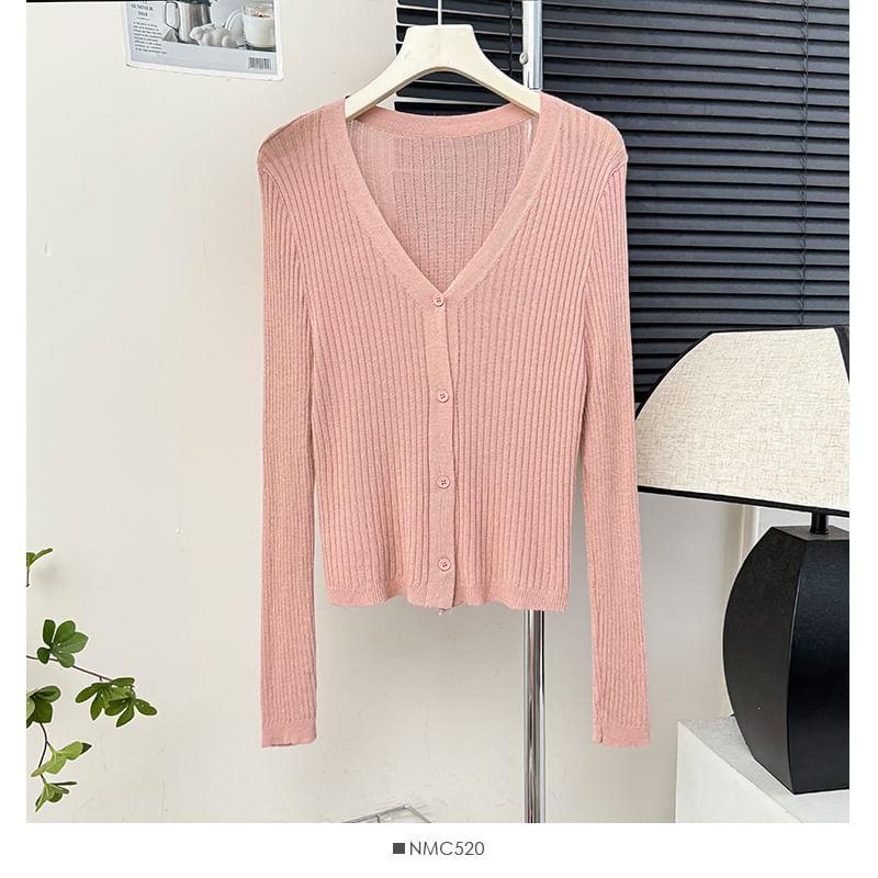 Long-Sleeve V-Neck Ribbed Light Cardigan in 9 Colors Product Image