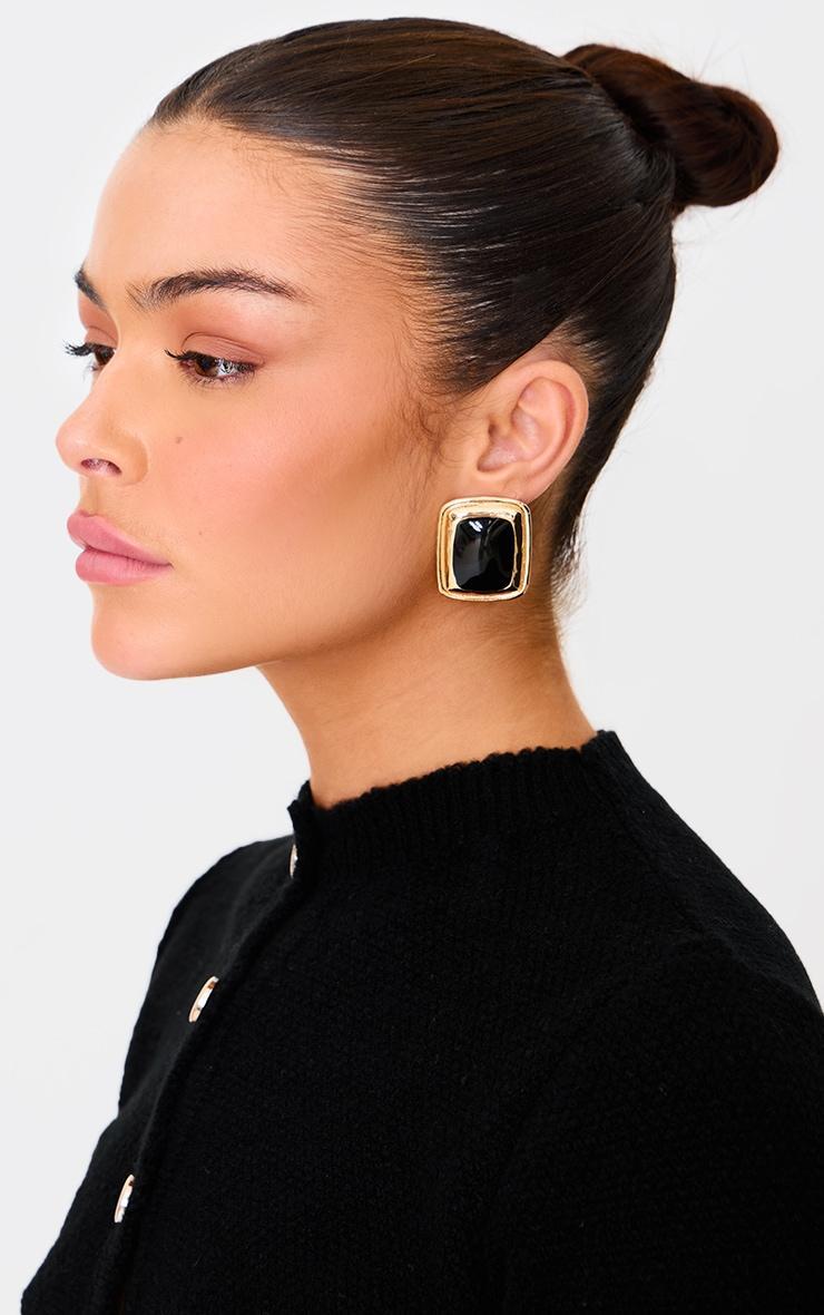 Gold Black Detail Square Stud Earrings Product Image