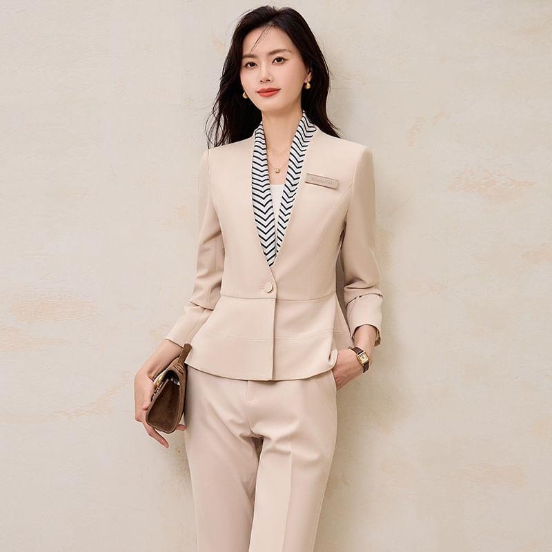 V-Neck Plain Peplum Single Breasted Blazer / High Rise Flared Suit Pants / Set Product Image