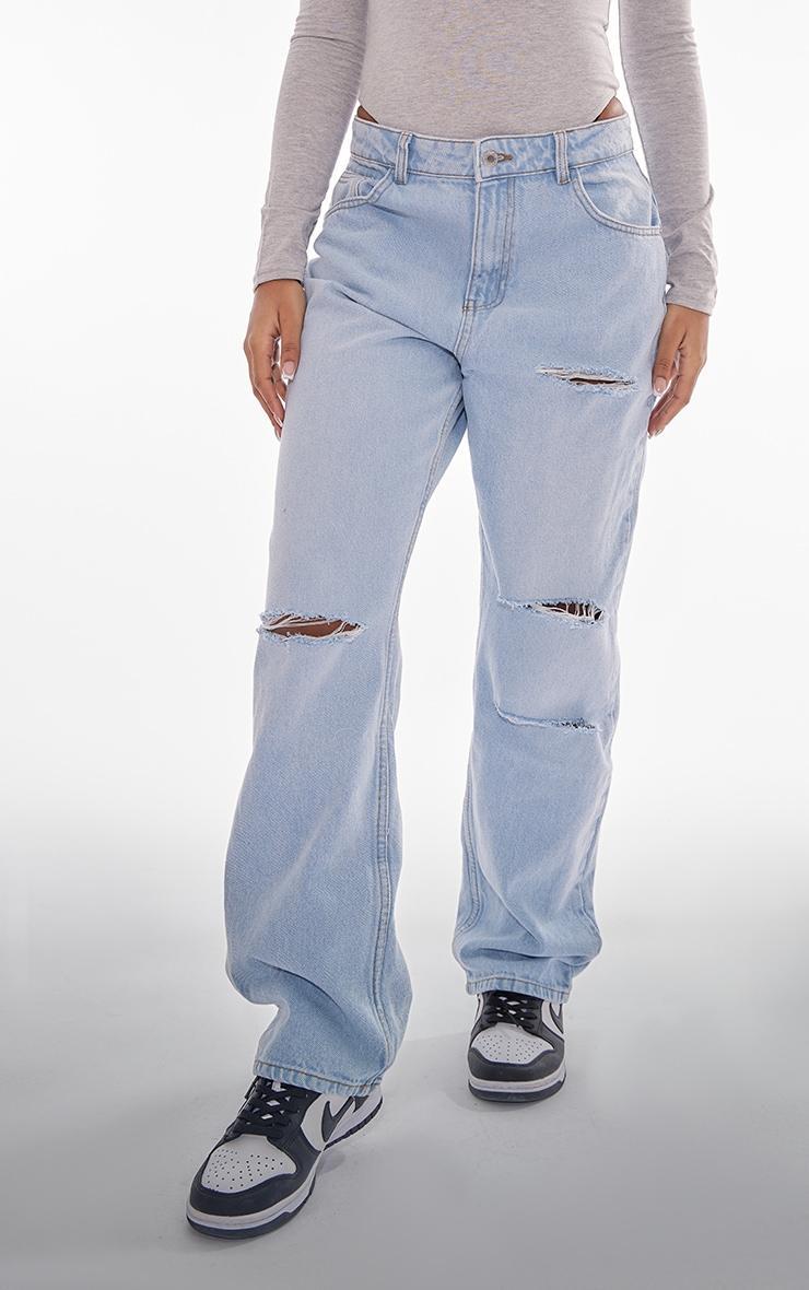 PRETTYLITTLETHING Light Blue Wash Distressed Straight Leg Jeans Product Image