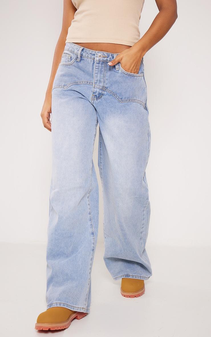 Light Blue Wash Western Detail Wide Leg Jeans Product Image