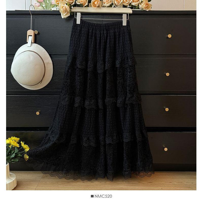 Tiered High-Rise Lace A-Line Skirt Product Image