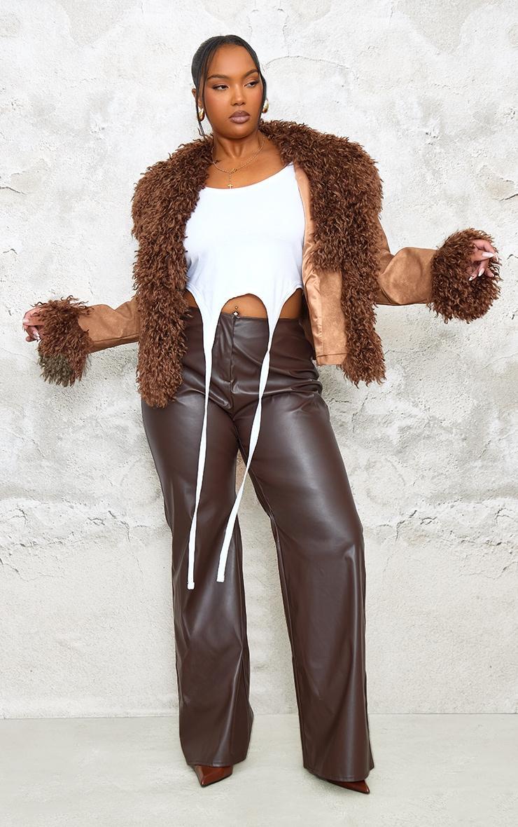 Plus Brown Distressed Contrast Faux Fur Cuff Detail Cropped Jacket Product Image