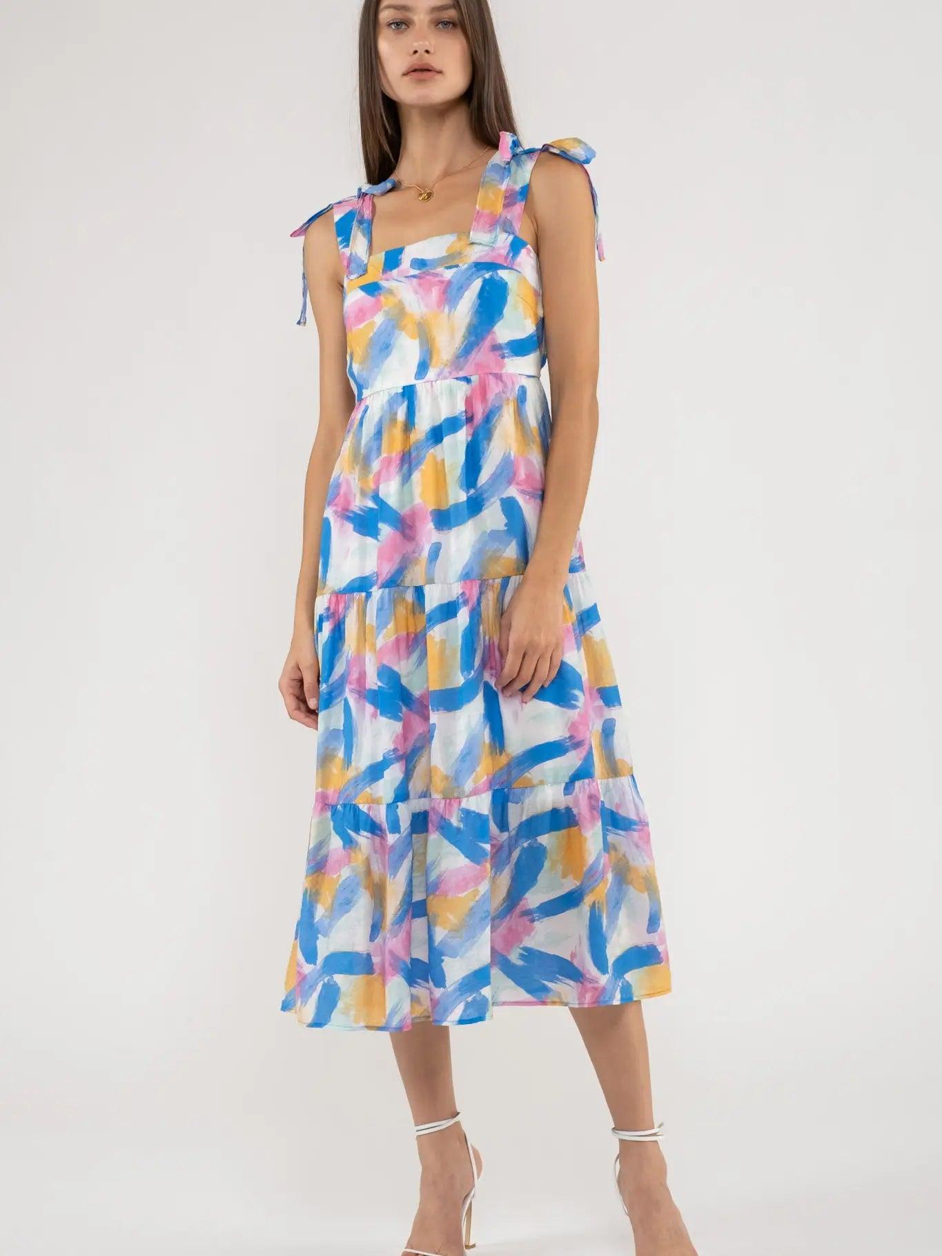 Watercolor Brush Stroke Print Tiered Midi Dress Female Product Image