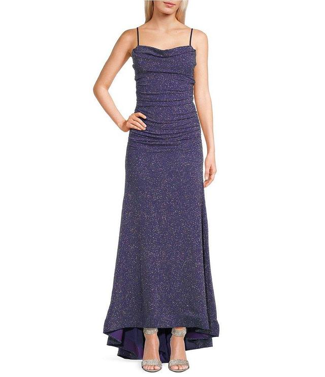 Honey and Rosie Glitter Cowl Neck Shirred Long Dress Product Image