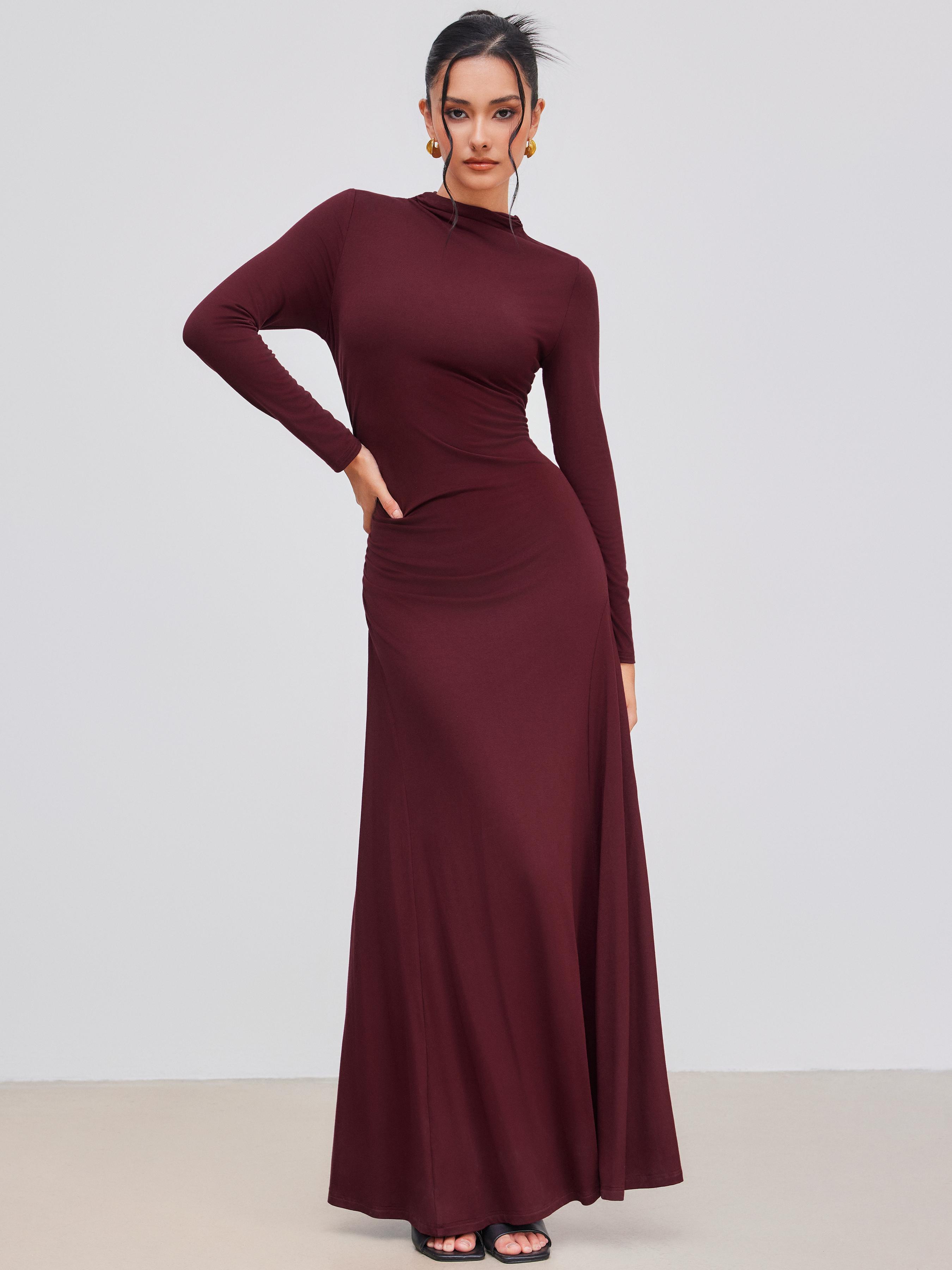 High Neck Solid Ruched Ruffle Long Sleeve Maxi Dress product image