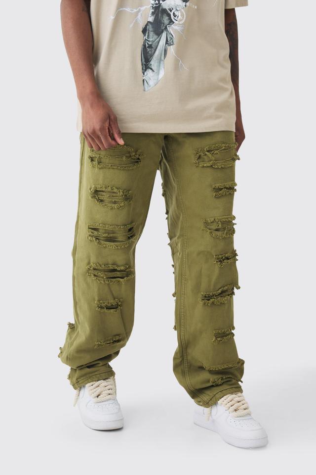 Mens Green Tall Distressed Twill Overdyed Trouser In Khaki, Green Product Image