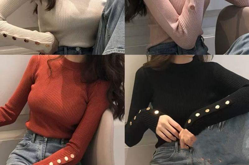 Long Sleeve Mock Neck Plain Button Ribbed Knit Top Product Image