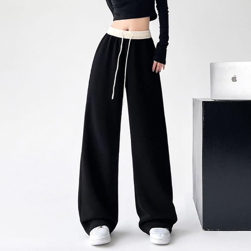 Drawstring Waist Two Tone Wide Leg Sweatpants Product Image